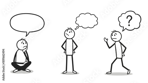 Stick figures expressing different thoughts with speech bubbles and question marks, contemplating and communicating, isolated white background.