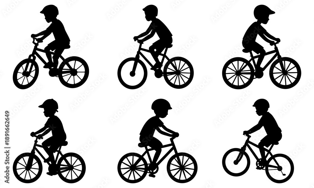 Obraz premium Silhouettes of cyclists riding bicycles in various positions on a white background from different viewpoints