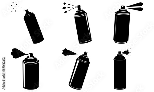 Various spray cans in different positions and actions displayed as black silhouettes on a white background.