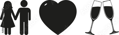 Couple holding hands with heart and champagne glasses on white background for love and romance concepts