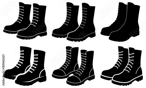 Collection of black boots with laces and soles displayed from various viewpoints