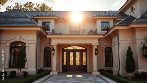 highclass. Elegant luxury home entrance with architectural details and manicured landscape in sunlight. real-estate listings.