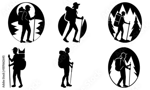 Hikers with backpacks and trekking poles featured in circular silhouettes against scenic mountainous landscapes