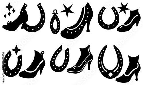 Collection of horseshoes and high-heeled shoes silhouetted against a clean background, adorned with stars and sparkles