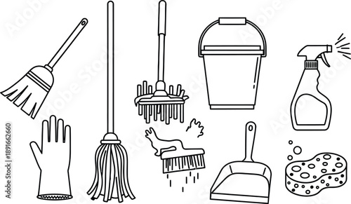 Set of cleaning supplies icons including mop bucket and detergent