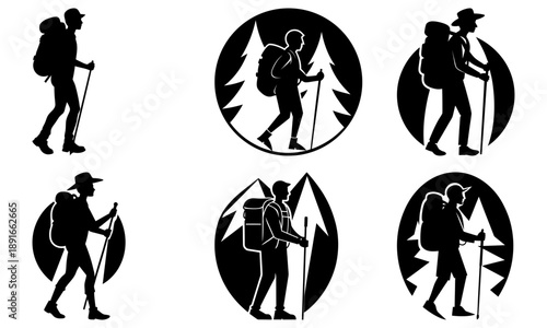 Hikers with backpacks and trekking poles in various silhouetted poses against mountainous landscape