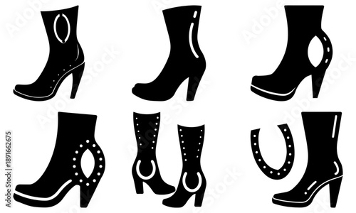Collection of black high-heeled boots and shoes with decorative elements showcased from various viewpoints