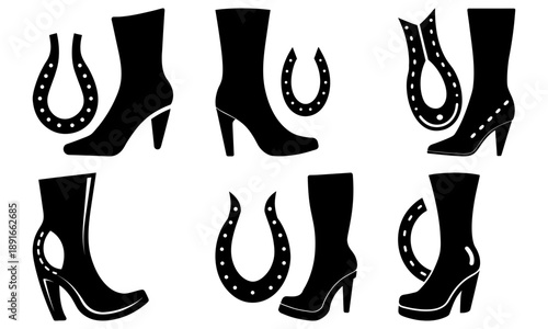 Collection of black high-heeled shoes and boots paired with horseshoes in various configurations on a clean background