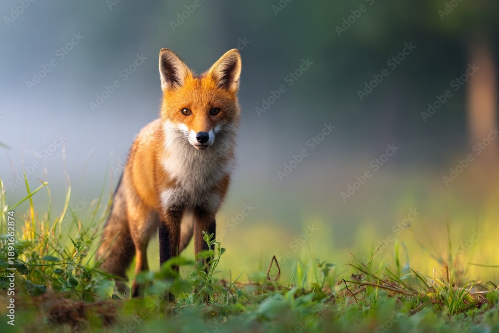 Fototapeta premium A Fox Standing Quietly in the Morning Fog Within Its Natural Habitat