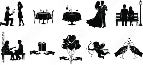 Black silhouettes of romantic date and valentine's day symbols on white background