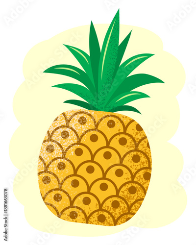 A large pineapple with green leaves in a grainy background drawn with a marker. Vector illustration.