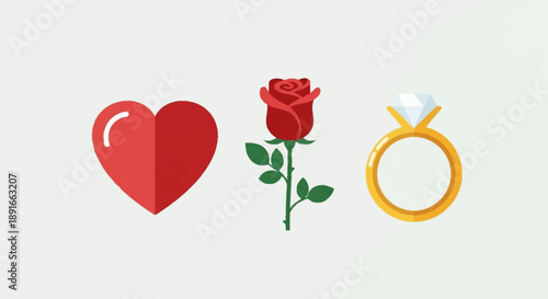 Red heart, rose, and diamond ring symbolizing love and commitment.