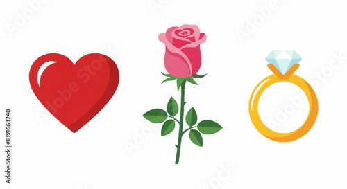 Heart, rose, and ring symbolizing love and romance.