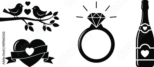 Black icons of heart birds diamond ring and champagne bottle for wedding or love theme