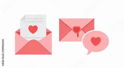 Red envelopes and letter with heart symbolizing love and affection.