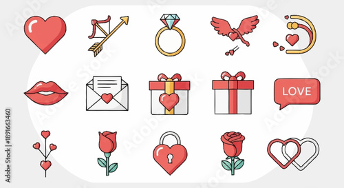 Valentine's Day icons set with hearts, roses, and love symbols.