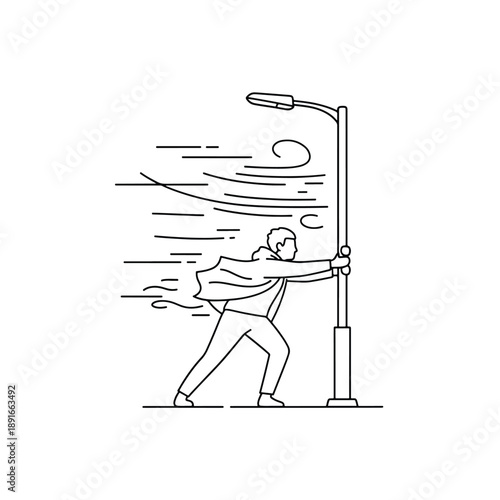 Vector illustration of a person battling strong winds, holding onto a lamppost during a challenging storm
