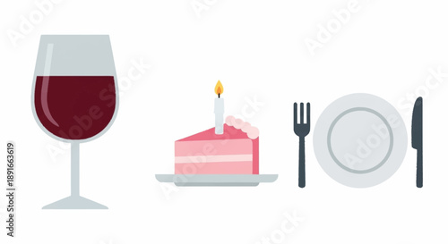 A glass of red wine with a birthday cake and dinnerware.