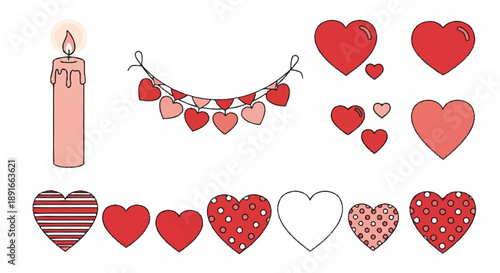 Valentine's Day graphic elements with hearts and candle.