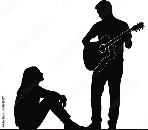 Silhouettes of man playing guitar and woman sitting together on ground in white background