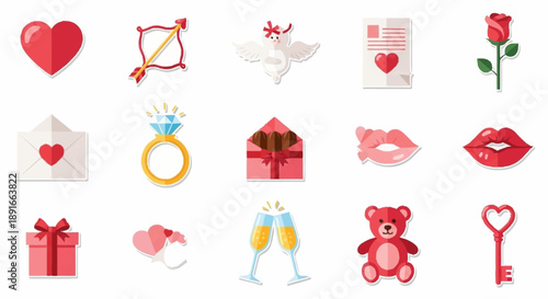 Valentine's Day icons set with hearts, gifts, and romantic symbols.