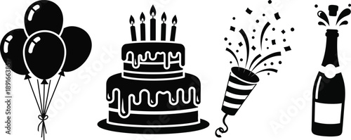 Black and white birthday celebration icons with balloons cake party popper and champagne