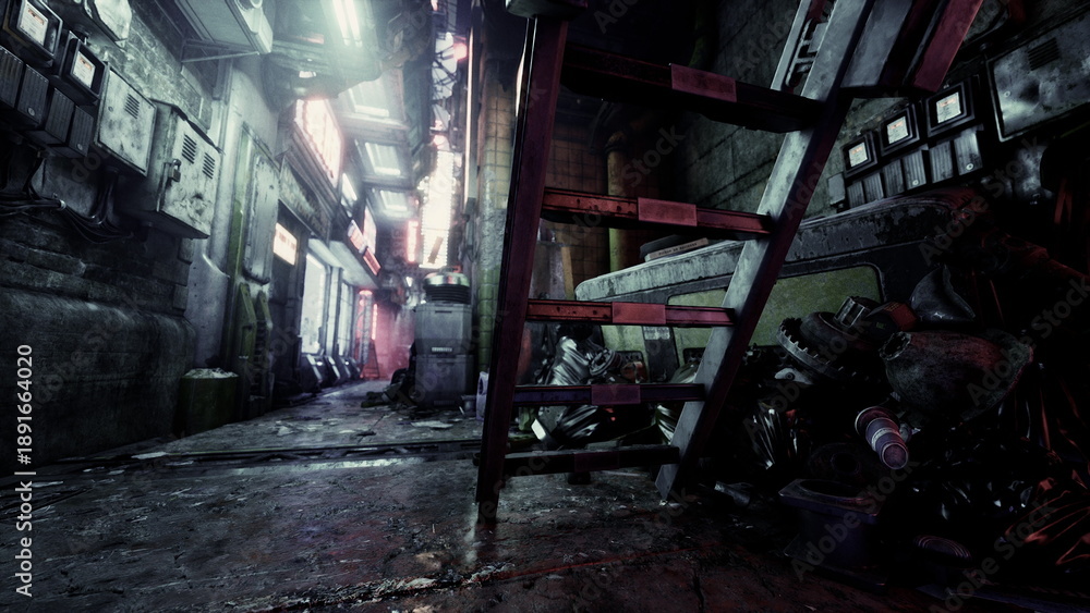 Obraz premium A dimly lit alleyway brimming with contrasts. Neon lights illuminate the walls, while debris and shadows hint at a busy urban life left behind.