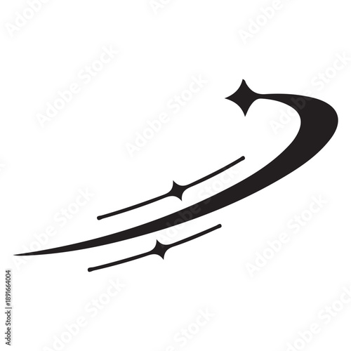Abstract black graphic element with curving lines and star points.