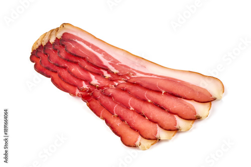 Fotografi Thin slices of cured bacon with visible fat marbling, isolated on white background