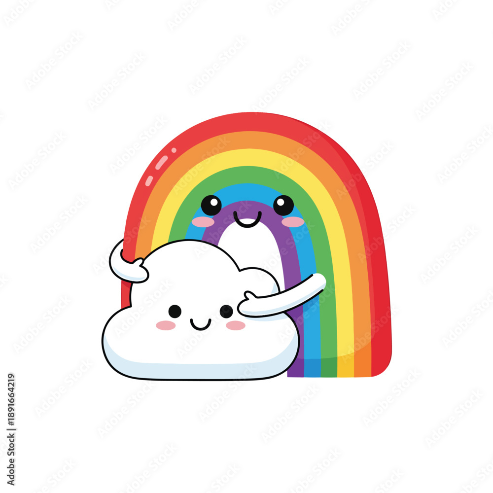 Fototapeta premium Cheerful cartoon cloud embracing a vibrant rainbow with happy expressions, a delightful vector illustration.