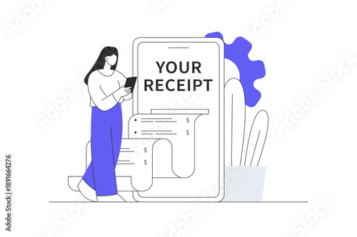 Electronic receipt. Woman receives bill and pays online using mobile phone. Banking services and transfers. Flat Cartoon Vector Illustration, icon Stylish abstract design landing page web
