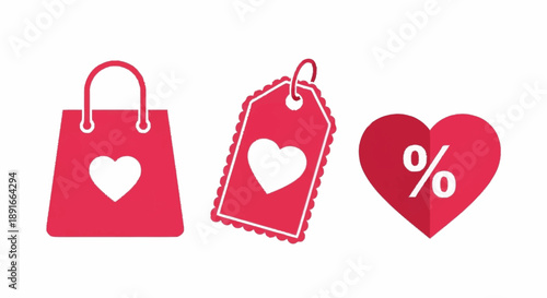 Red shopping bag, price tag, and heart with percentage discount symbol.