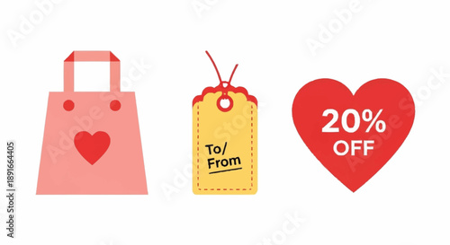Valentines Day sale shopping bag and gift tag with discount offer.