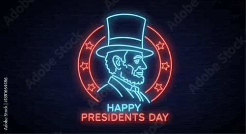 Neon illustration of abraham lincoln in top hat with 'happy presidents day' text on brick wall background with stars