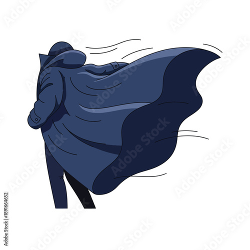 Vector Illustration: Figure in Coat Blown by Strong Wind, Rear View, Outdoor Environment