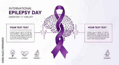 Purple awareness ribbon epilepsy infographic template with ecg heartbeat and editable text boxes for international epilepsy day