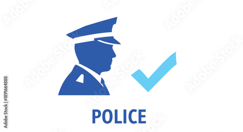 Blue police officer head silhouette with a checkmark and the word police
