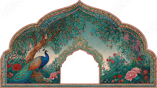 Elegant traditional Indian decorative arch frame with intricate patterns, featuring a lush garden scene and a majestic peacock, detailed ornamental design 