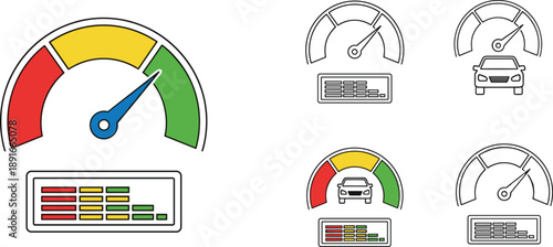 Performance speed gauge illustration, KPI dashboard concept, business analytics meter, efficiency measurement, rating scale, modern vector design