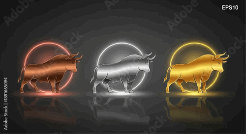 Three metallic bulls in red white and yellow circles on black background with reflections