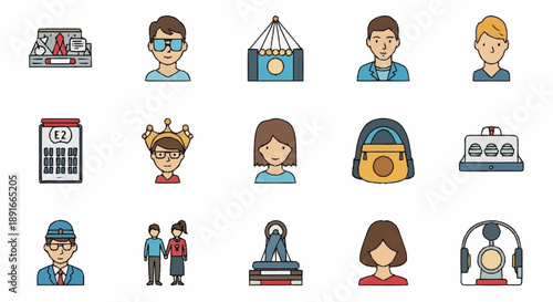 Collection of cartoon icons representing various professions and people.