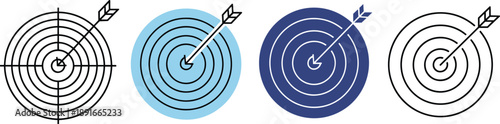 Target goal icon set, business objective achievement, success strategy concept, arrow hitting bullseye, modern minimal vector illustration