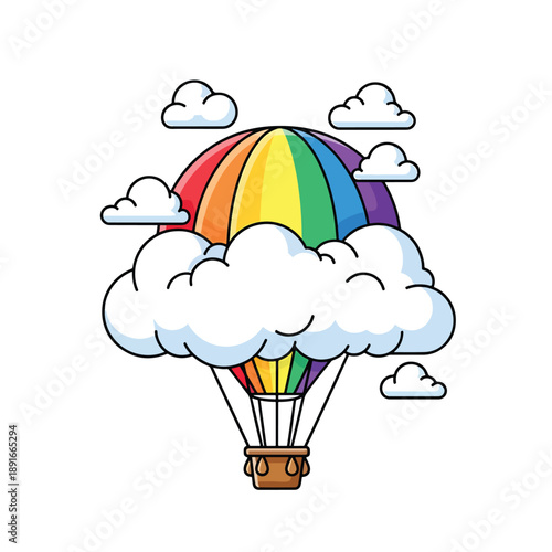 Rainbow colored hot air balloon flying among clouds in a bright sky, vector illustration
