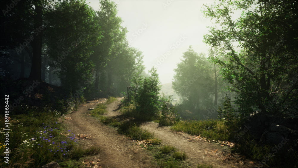 Fototapeta premium A tranquil forest path winds through lush greenery, bathed in soft morning light. Dew kissed leaves and wildflowers line the trail, inviting a peaceful stroll in natures embrace.