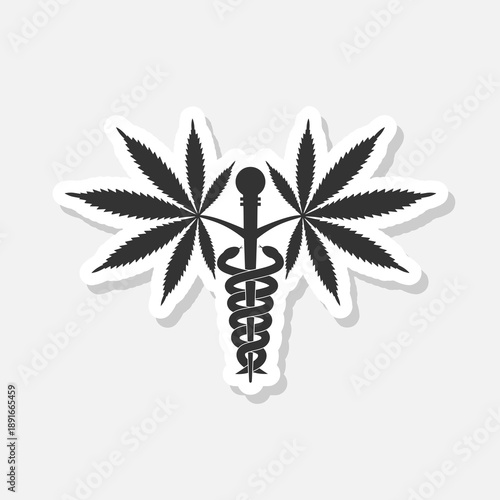 Medical Marijuana Plant Caduceus icon sticker isolated on gray background