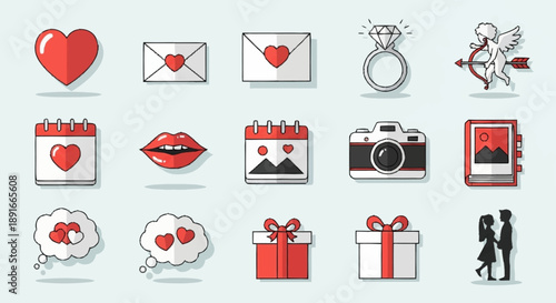 Valentine's Day icons set with red hearts and romantic symbols.