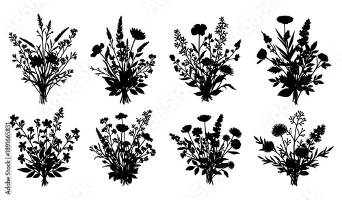 Wildflower bouquet silhouette vector set with delicate meadow herbs and garden plants