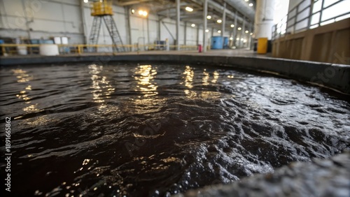 Dark Liquid in Industrial Tank with Ripples and Reflections