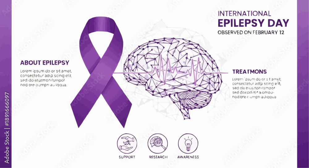 Fototapeta premium Purple ribbon and brain illustration for international epilepsy day awareness campaign on february 12 with treatment information