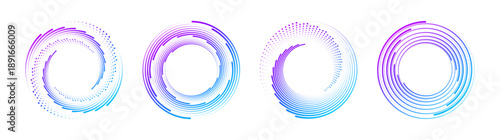Futuristic circular logo with neon geometric lines, radial motion swirl and spiral curves in digital space.